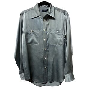 Polo Ralph Lauren Blue Label Ice Blue 100% Silk Button-Down Shirt Size 6